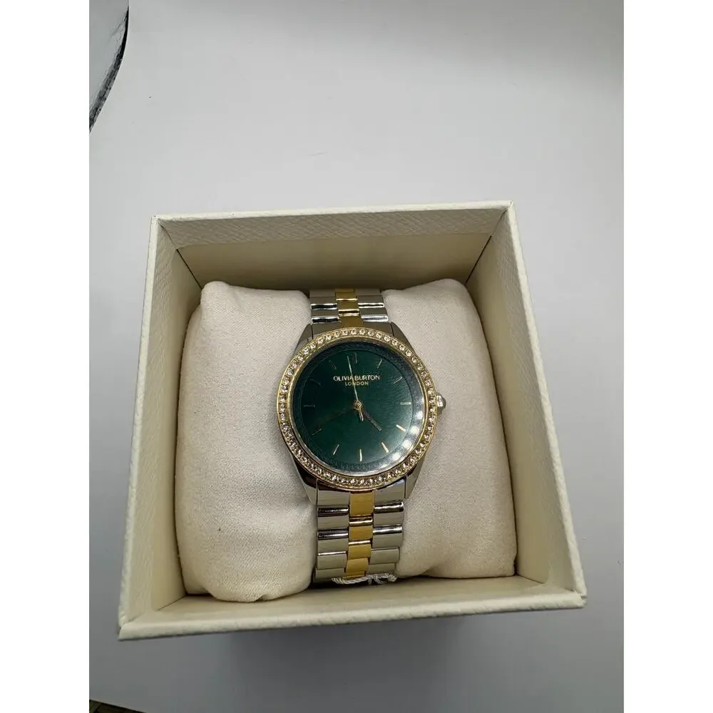 Olivia Burton London Women Watch Green Dial Crystal Bezel Two-Tone Nwt Green